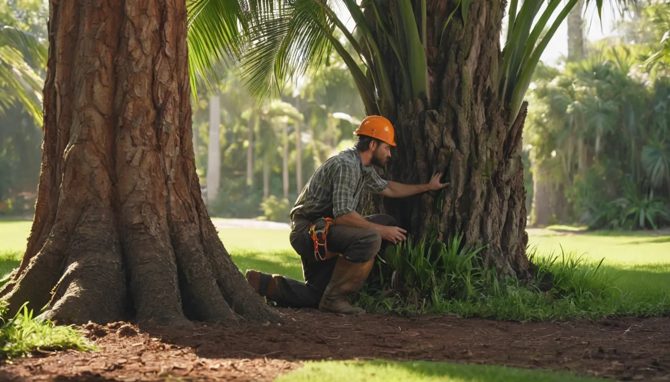 Provider inspecting a tree trunk for signs of decay in the Homestead area