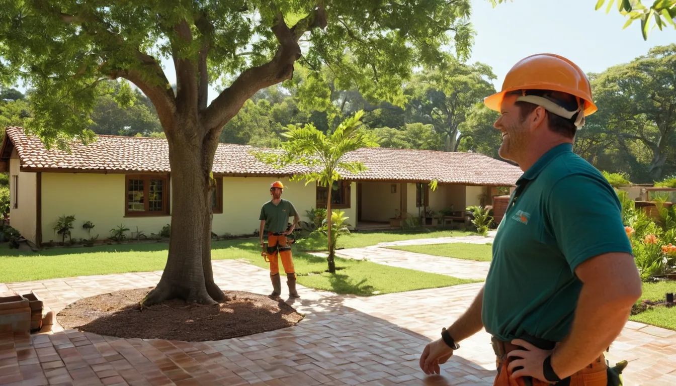A local provider and a homeowner reviewing a large tree in a Homestead backyard
