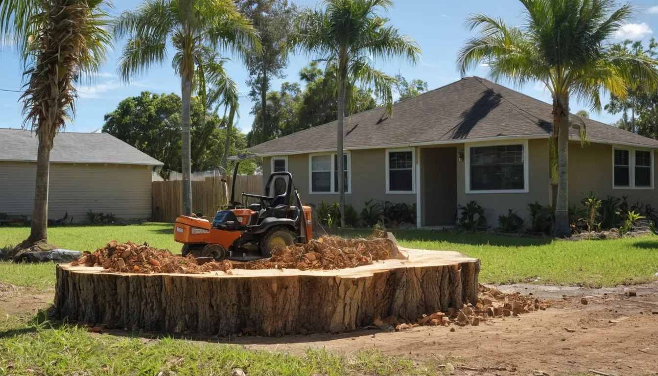 A stump grinder removing an old tree stump in a Homestead backyard