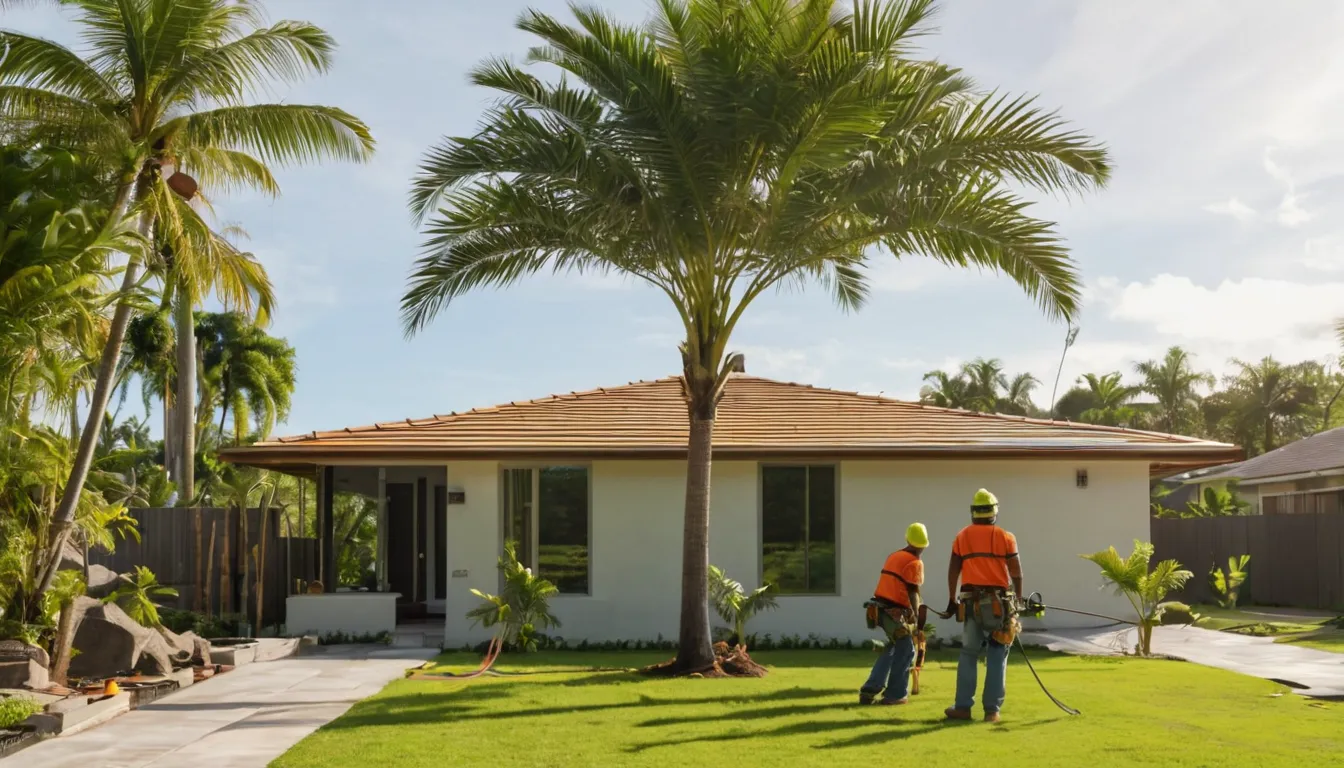 Tree removal provider lowering a section of a large tree beside a single-story home in Homestead
